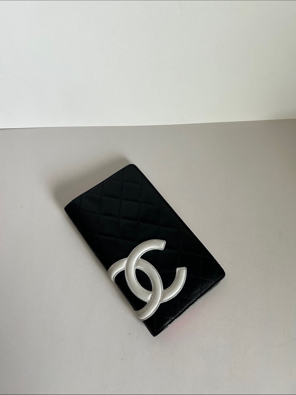 CHANEL Black Quilted Leather Wallet with Silver CC Emblem